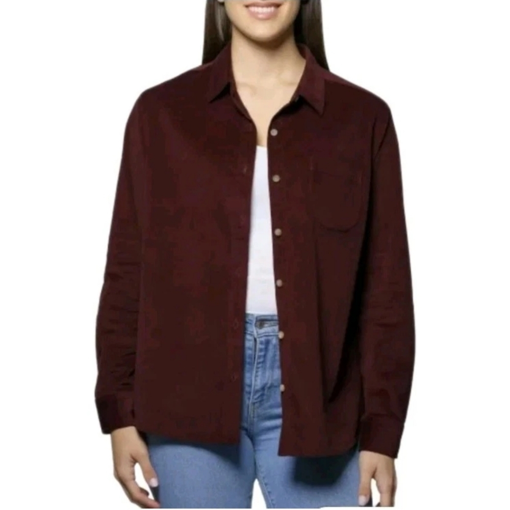 Jachs Girlfriend New York Stretch Corduroy Shirt Plus 2X Burgundy Red Button Nwt